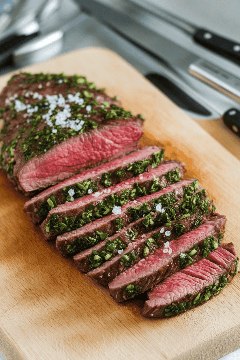 Indoor cutting board displaying sliced bavette steak with a fresh green herb crust, coarse salt sprinkled around. Photo only, no text or logos.