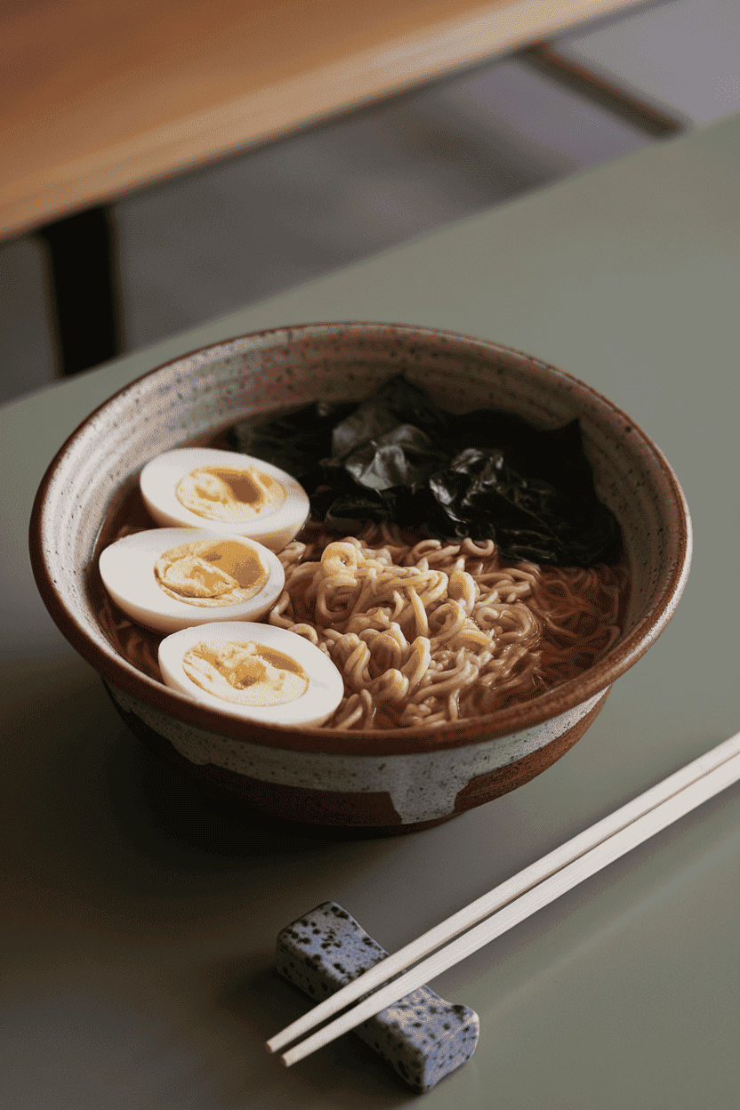 A ceramic bowl on an indoor table filled with cooked ramen noodles, sliced boiled eggs, spinach, and broth, chopsticks resting nearby—photo, no text or logos.