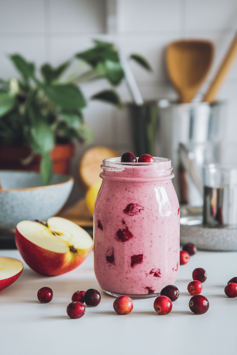 Indoor breakfast table with a pink smoothie, fresh cranberries rolling around and half an apple sliced. Photo, no text or logos.