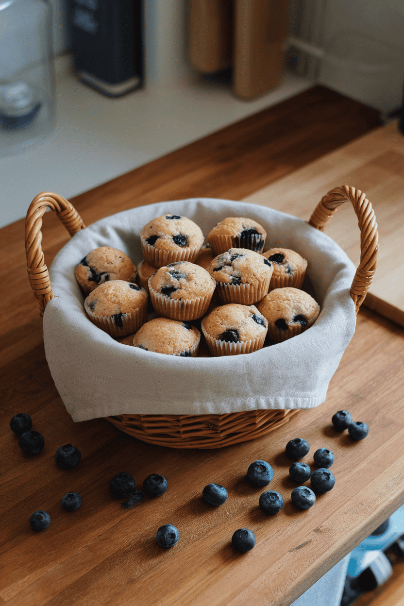 Basket lined with a neutral cloth holding bite-sized whole-wheat blueberry muffins on an indoor kitchen island. Soft overhead light, no text or logos, photo only.