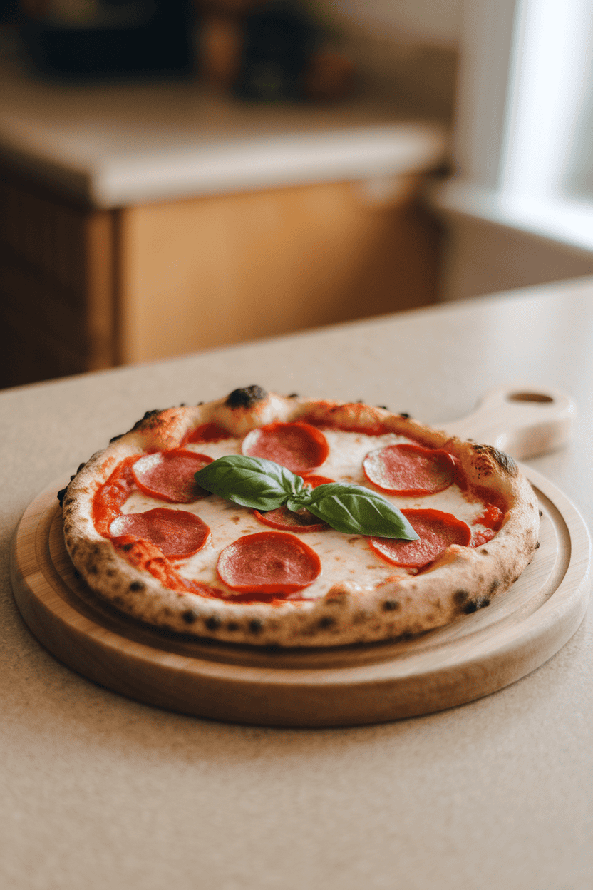An indoor countertop with a cooked personal pizza topped with pepperoni and basil resting on a wooden board—photo, no text or logos.
