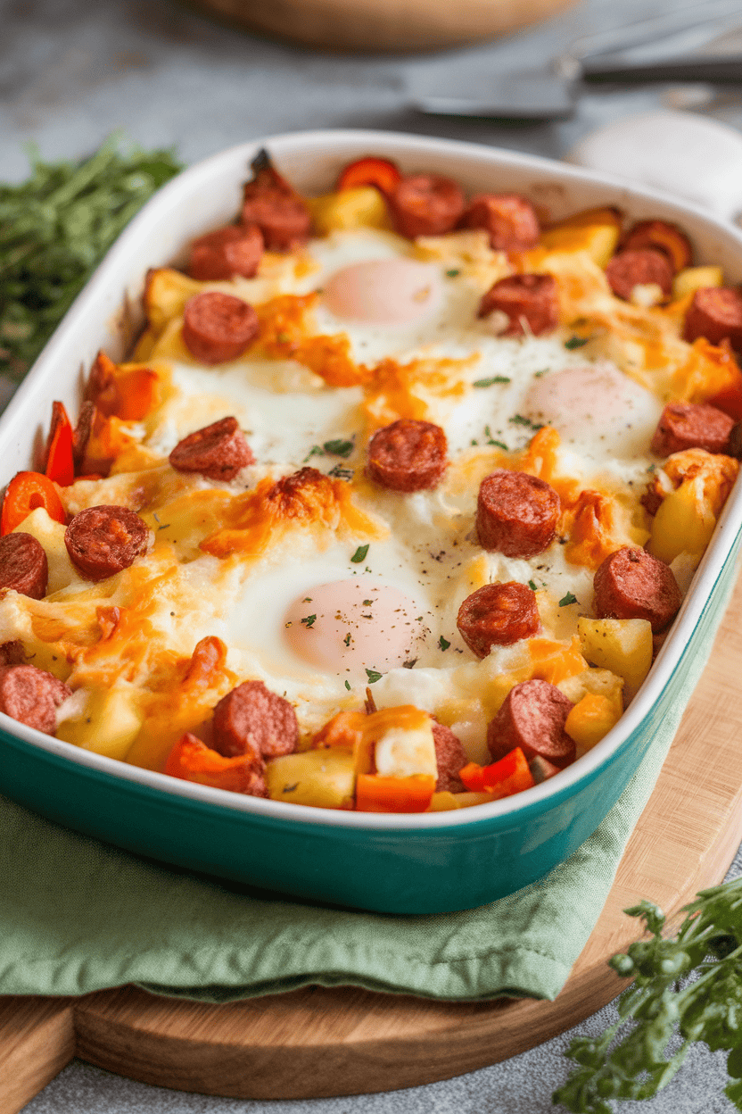 Photo of an indoor countertop with a casserole of diced potatoes, chorizo, bell peppers, and baked eggs, cheese lightly melted. No text or logos visible.