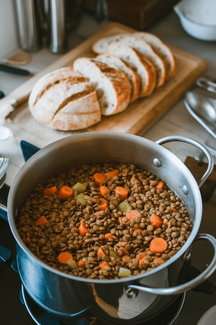 Indoor photo of a deep pot filled with thick, hearty lentil soup dotted with carrots and celery; beside it, a cutting board holds sliced crusty bread; no text or logos.