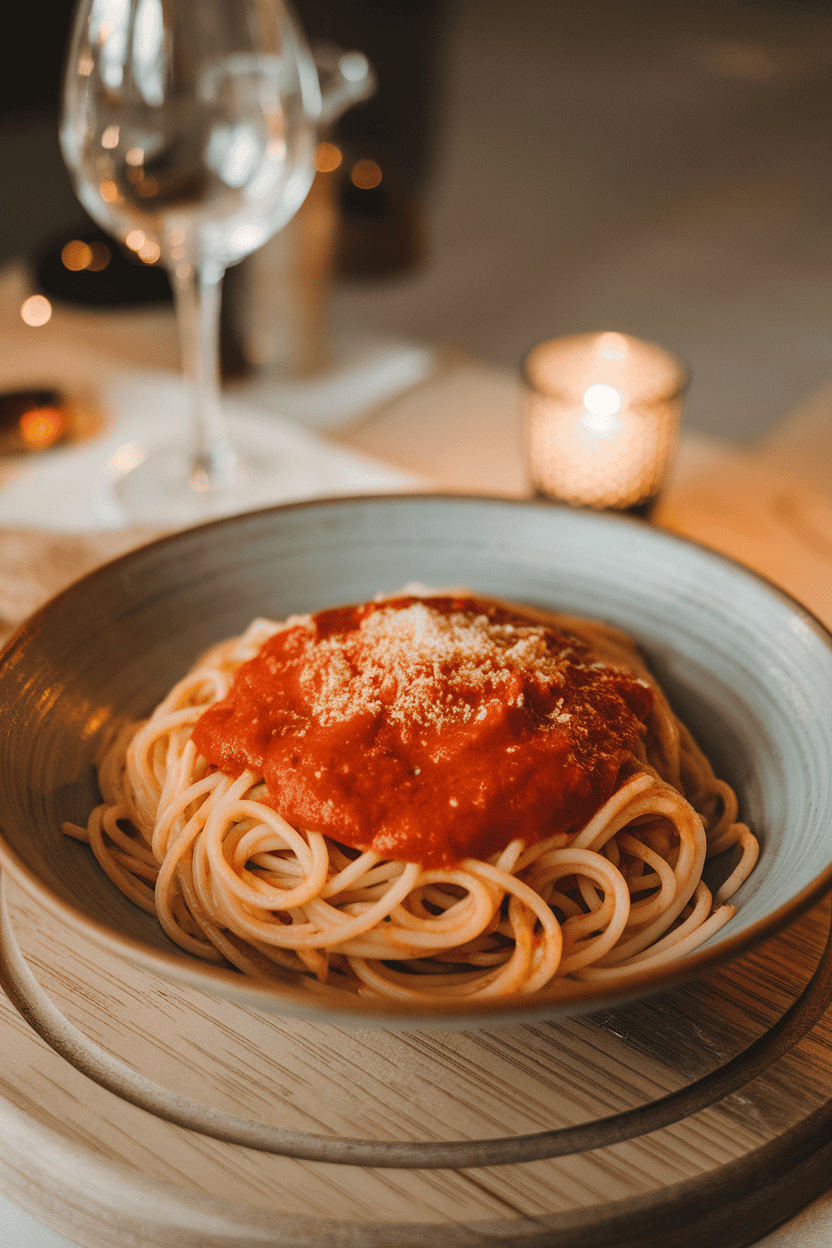 Indoor dining table featuring a shallow bowl of spaghetti coated in smooth red marinara sauce, a sprinkle of grated Parmesan on top, no vegetables visibly chunky. Warm lighting, no text or logos.