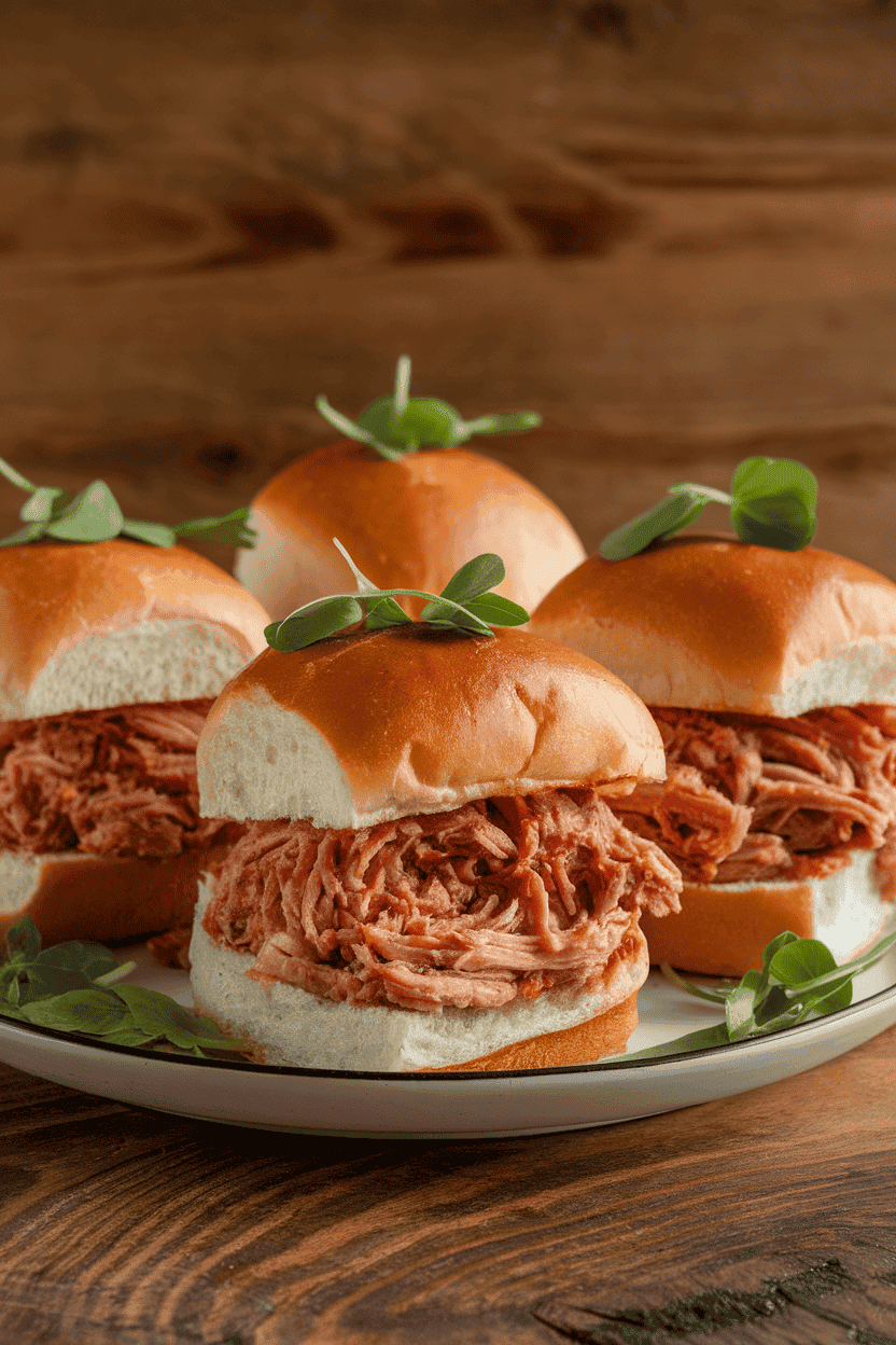 Indoor photo of three pulled pork sliders on soft buns with a hint of barbecue sauce, no text or logos.