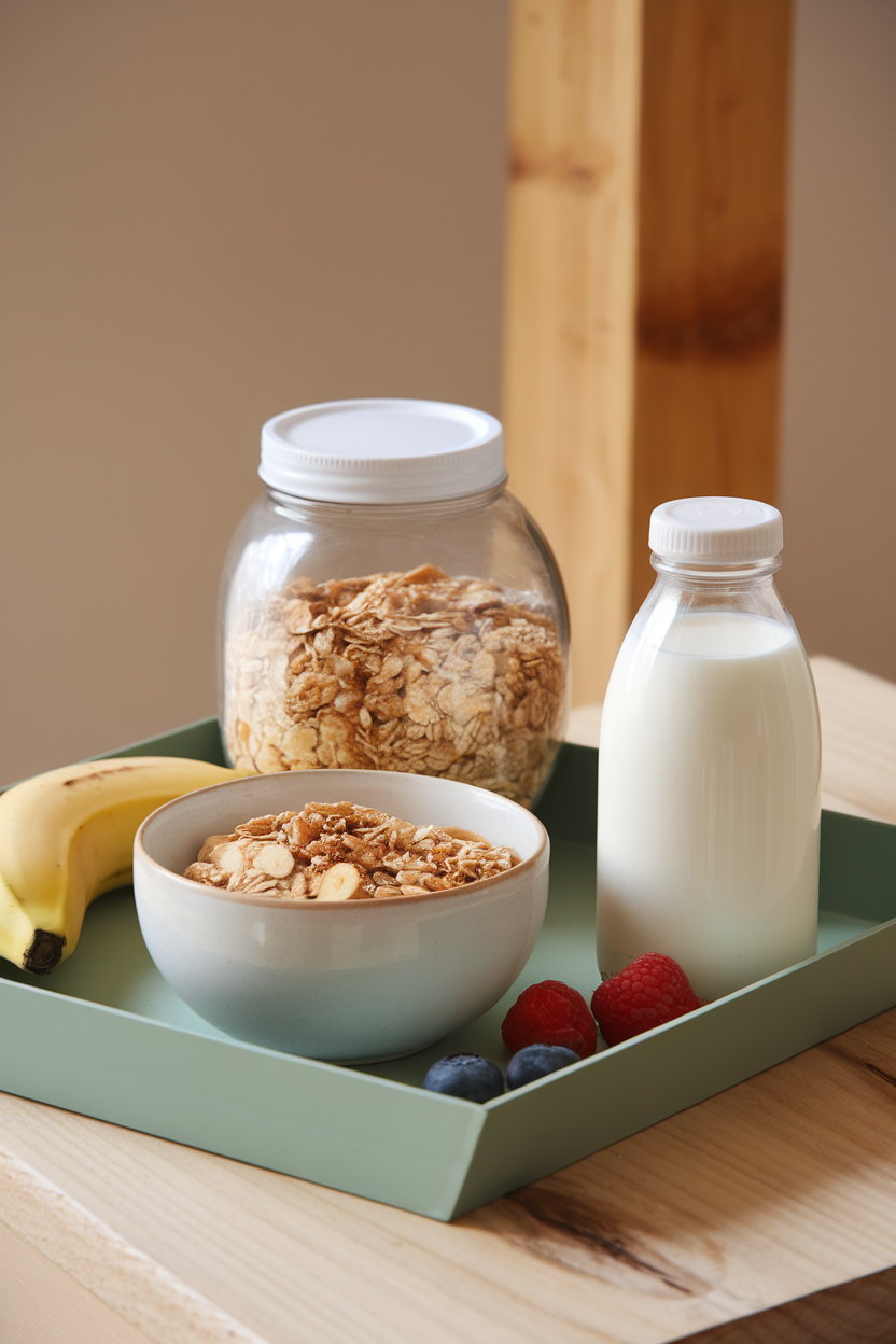Indoor breakfast tray featuring a screw-top jar of dry muesli beside a small insulated bottle of cold milk. Neutral tones, no branding or text.