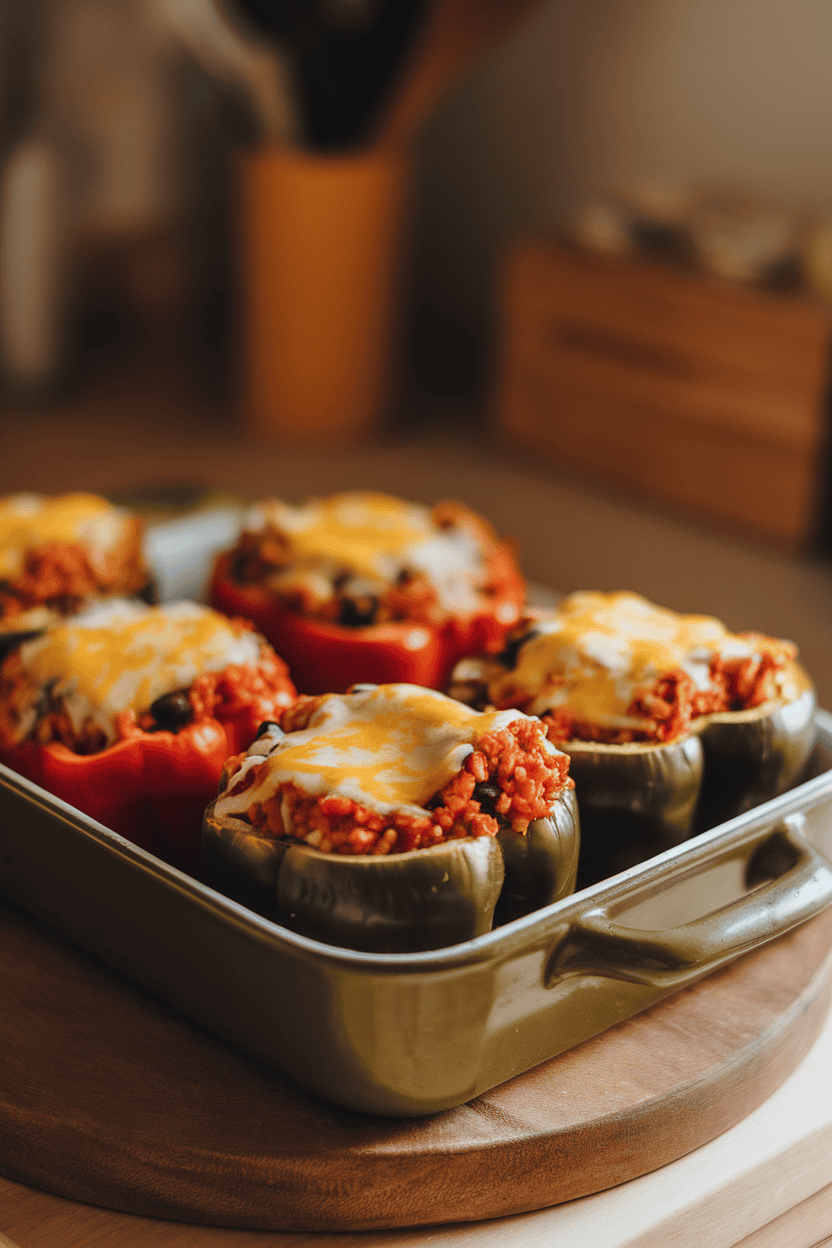 Indoor photo of halved bell peppers stuffed with tomato-speckled rice and black beans, cheese melted on top, sitting in a baking dish. No logos present.
