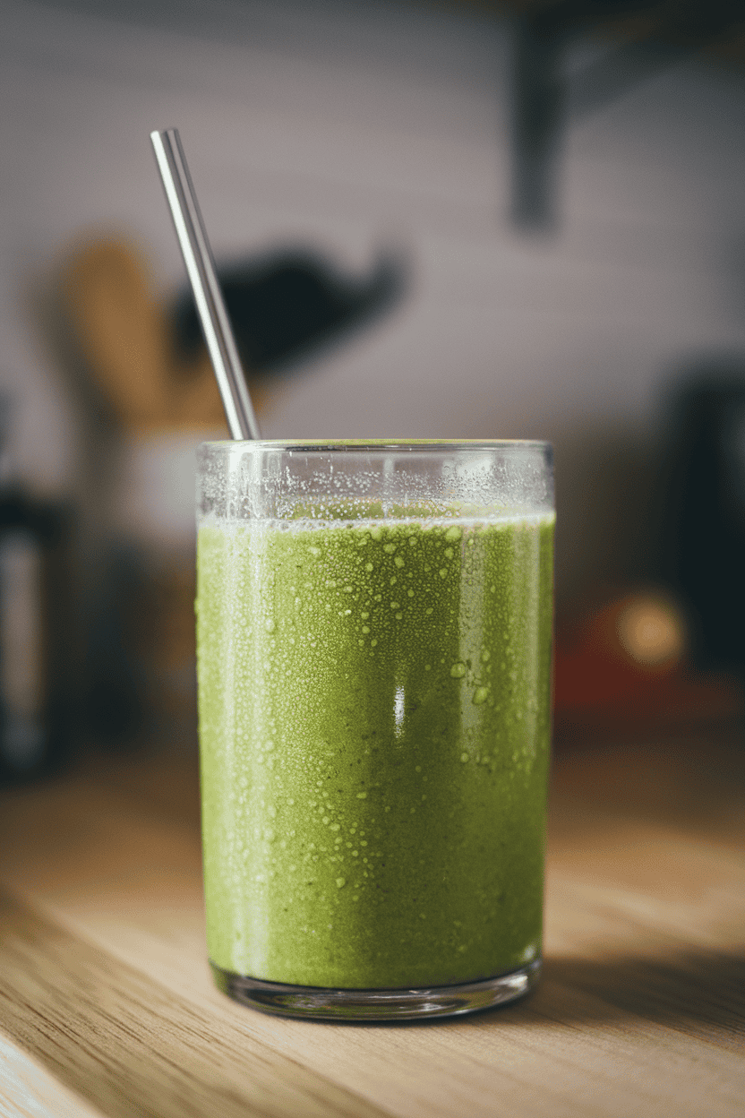 A clear indoor glass filled with vibrant green smoothie, condensation on the outside, a stainless-steel straw inserted. No logos or text. Photo only.