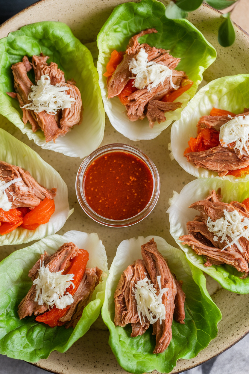 Indoor imagery of large iceberg lettuce cups, gochujang sauce in a tiny jar, cooked shredded pork, mild kimchi, and shredded mozzarella—no logos or text.