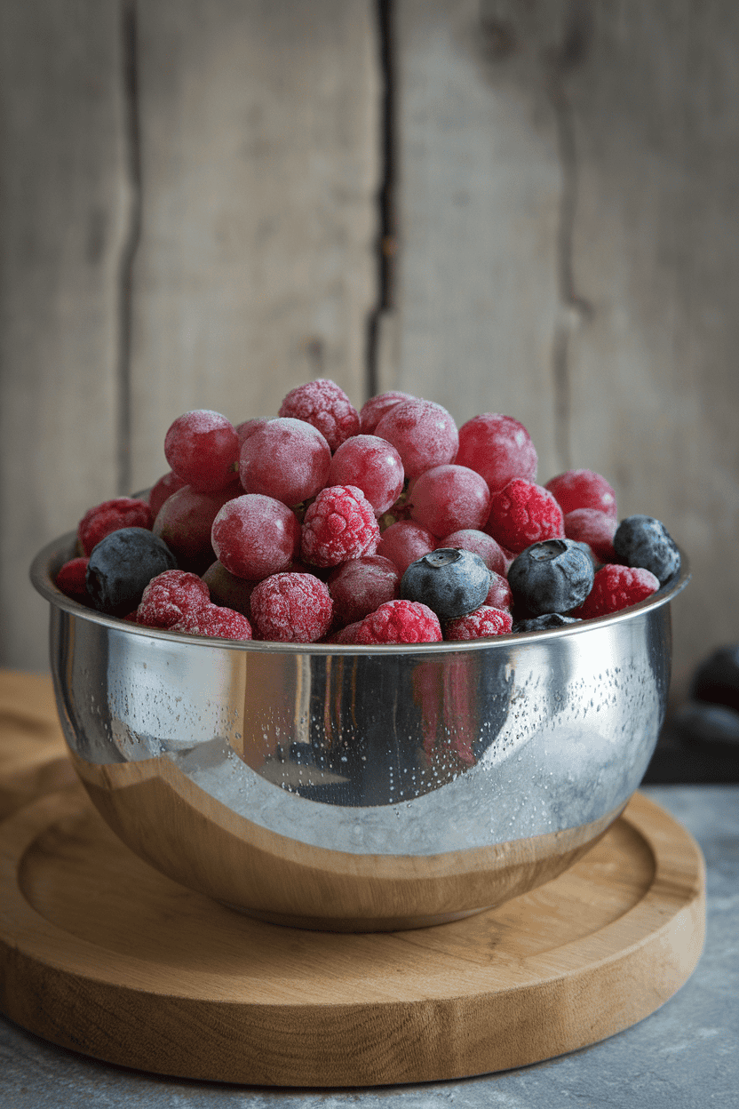 Indoor photo of a stainless bowl filled with frosty frozen red grapes, blueberries, and raspberries, condensation visible. No logos.