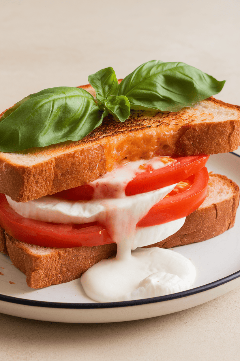 Photo indoors of melted mozzarella and tomato slices oozing from a toasted sandwich, basil leaves peeking out; no text or logos on the plate.