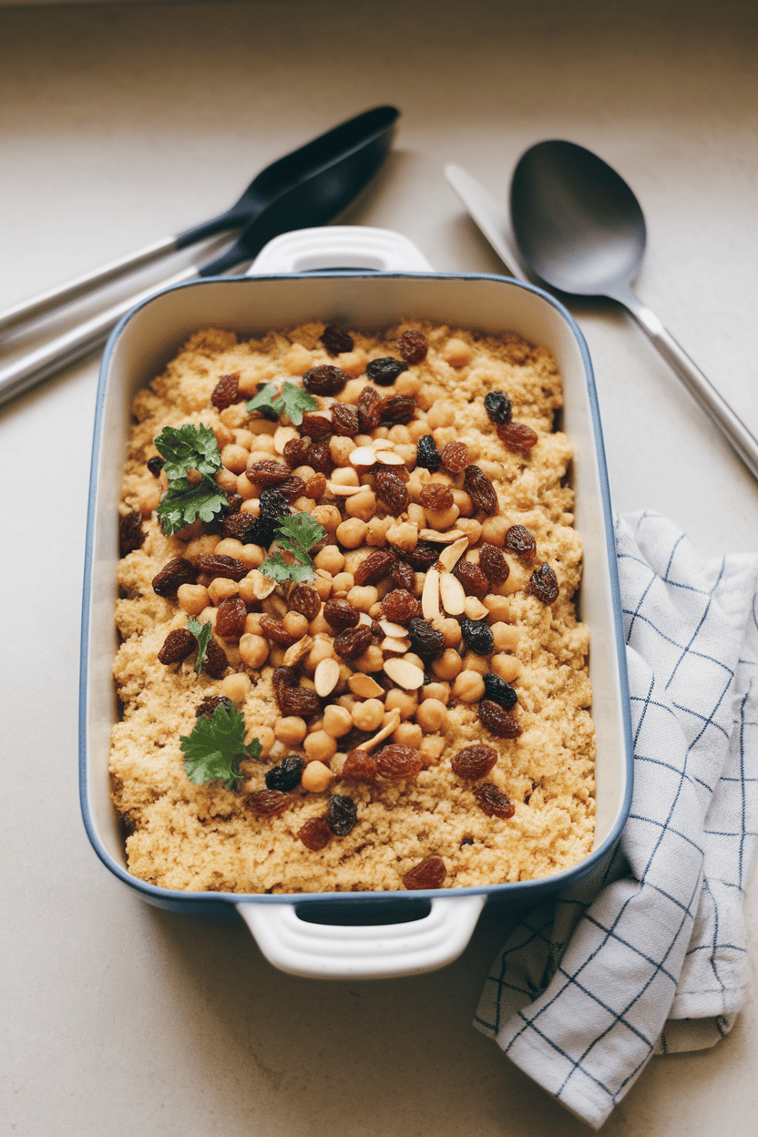 Photo of an indoor kitchen counter showing a casserole of fluffy couscous, seasoned chickpeas, raisins, and toasted almonds, garnished with parsley. No text or logos anywhere in scene.
