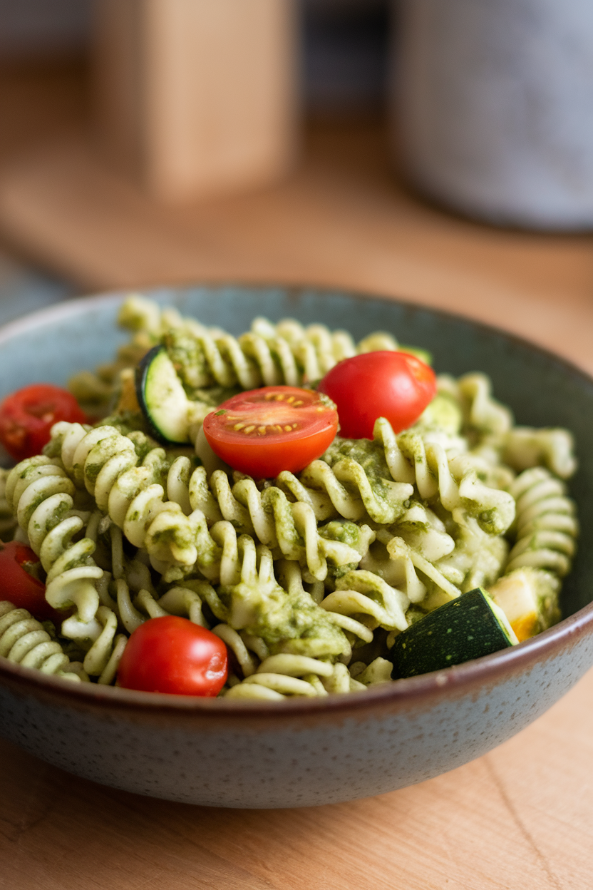 Indoor photo of a bowl of spiral pasta tossed in green pesto with cherry tomatoes and zucchini pieces, no text or logos
