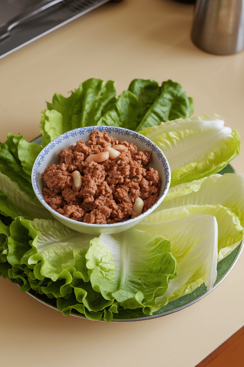 A platter on an indoor table featuring crisp lettuce leaves alongside a bowl of savory ground beef filling studded with water chestnuts; photo, no text or logos.