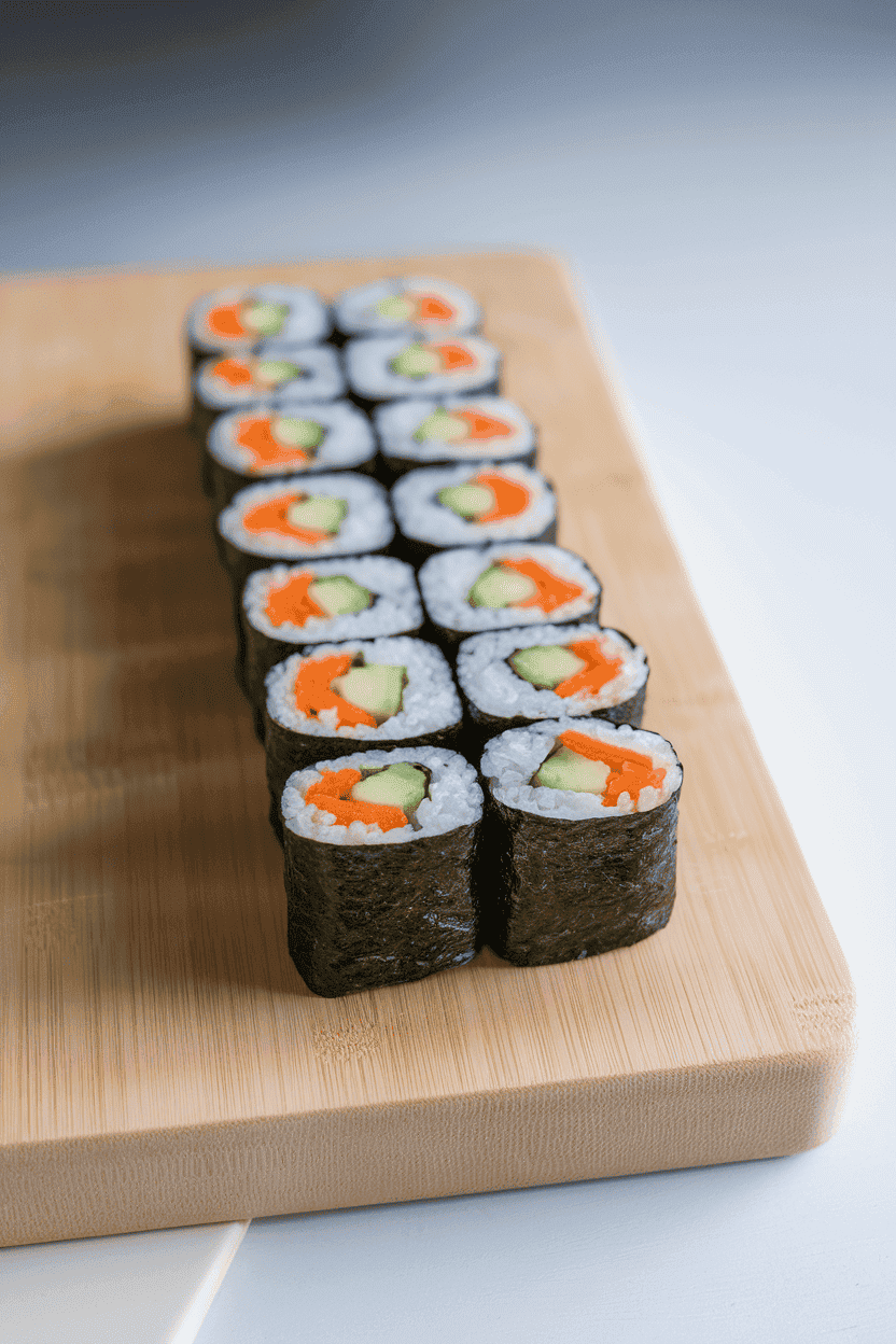 An indoor cutting board lined with nori-wrapped sushi rolls filled with cucumber, avocado, and carrot, sliced into bite-sized pieces. No text or branding visible.