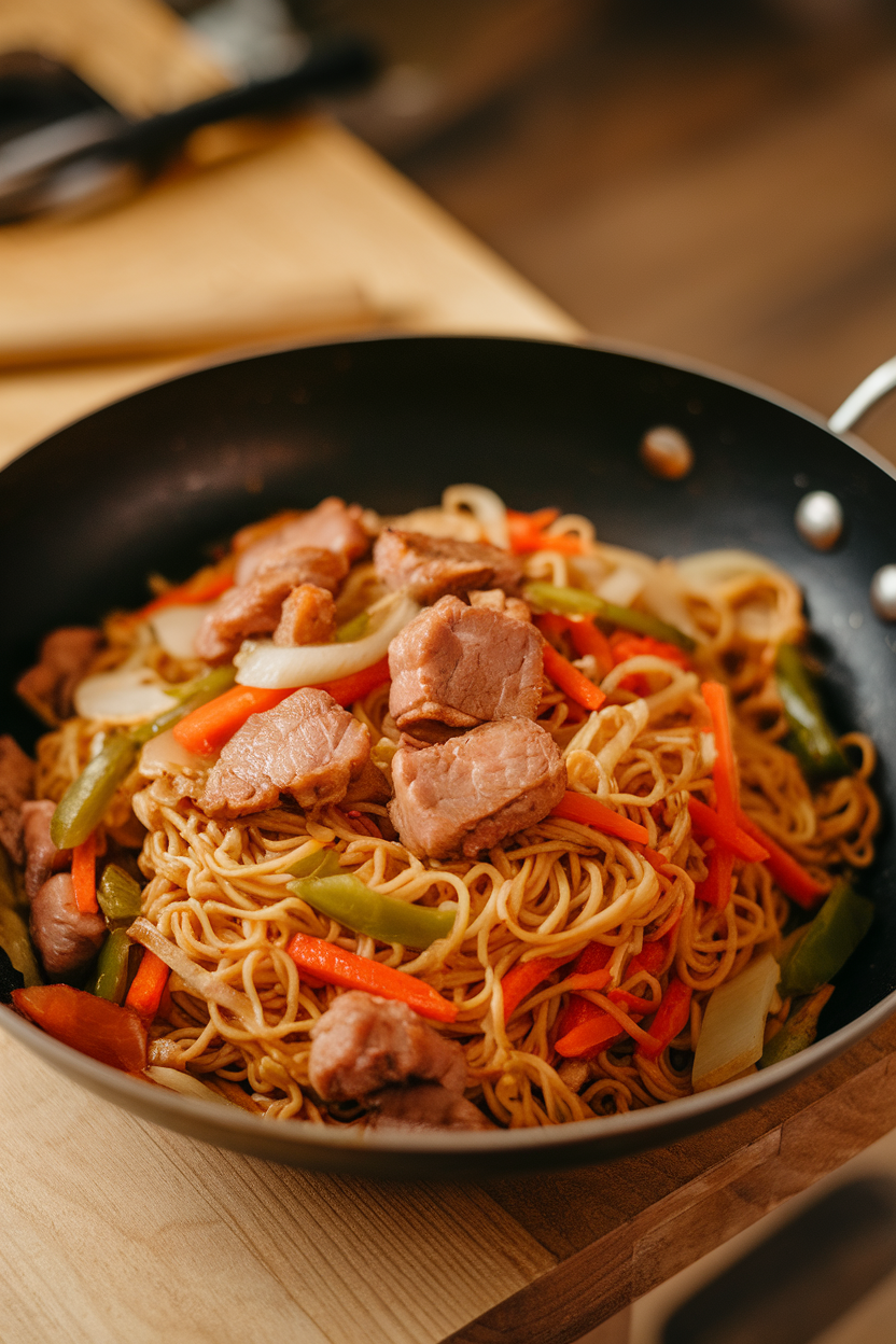 Indoor photo of a pan of stir-fried noodles dotted with small pieces of pork and mixed vegetables, no text or logos
