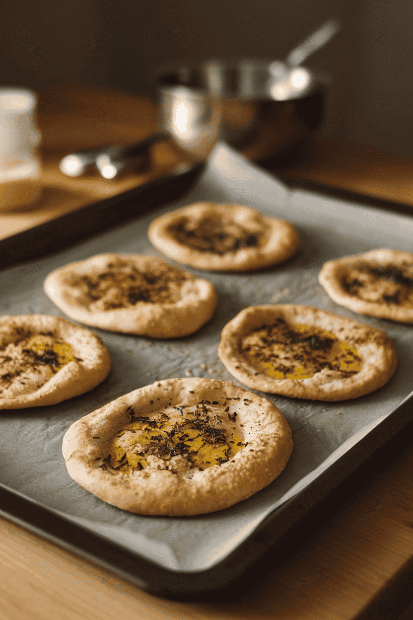 Indoor baking tray with homemade pita chips seasoned with olive oil and herbs, cooling on parchment paper. Warm indoor lighting, no logos or text, photo only.