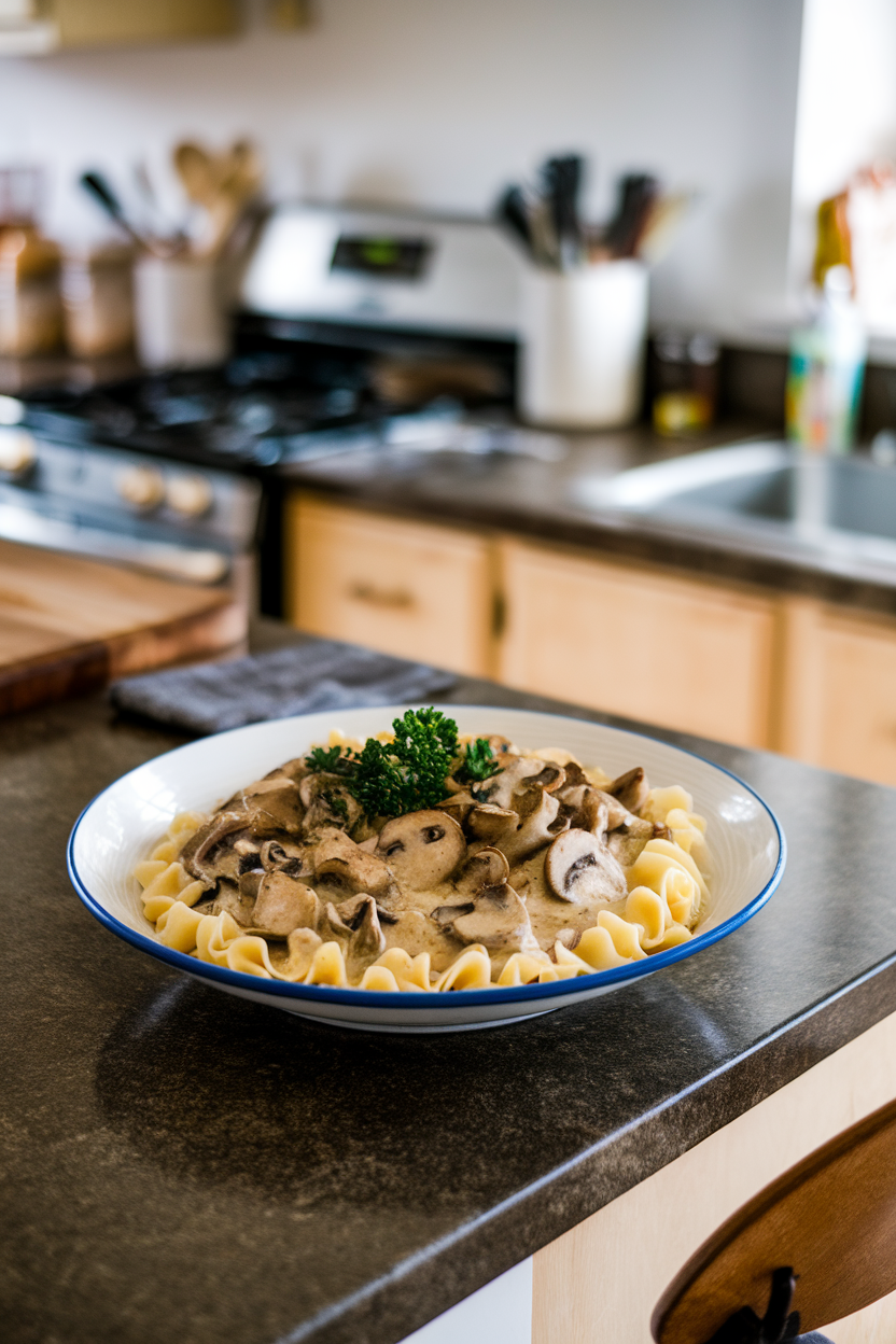An indoor kitchen island featuring a skillet of creamy mushroom stroganoff served over egg noodles, parsley sprinkled on top. No text or logos appear.