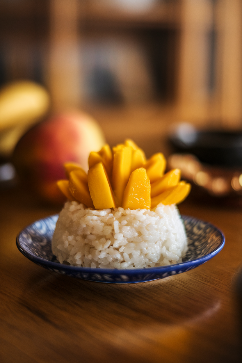 A small plate of glistening coconut sticky rice with ripe mango slices, set on an indoor wooden table. Photo, no text or logos present.