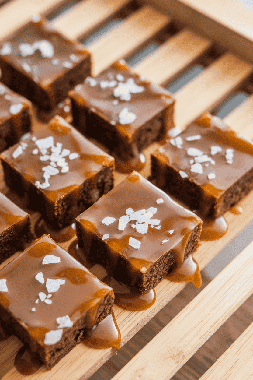 An indoor bakery tray showcasing square brownie bites drizzled with glossy salted caramel, flakes of sea salt visible. Photo, not illustration. No text or logos.
