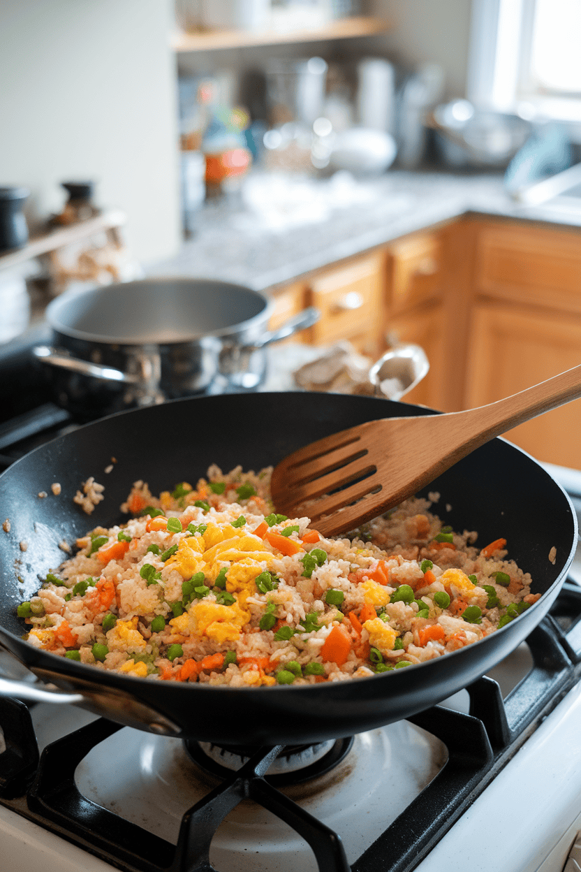 Indoor stovetop scene showing a wok filled with colorful cooked fried rice—peas, diced carrots, scrambled egg, and green onions—captured mid-toss with a wooden spatula; no text or logos, clearly a photo.