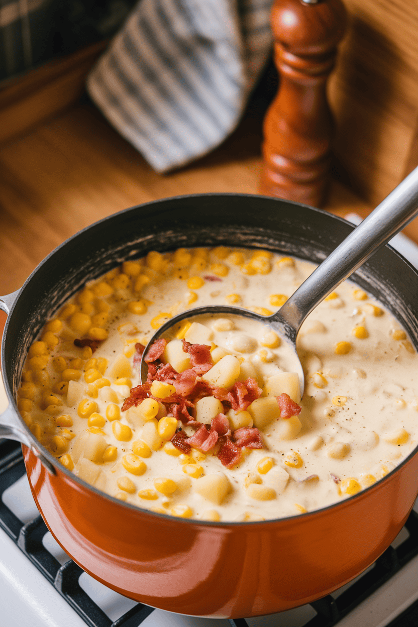 An indoor stovetop pot of creamy corn chowder filled with potato cubes and flecks of bacon, a ladle ready for serving. No text or logos present.