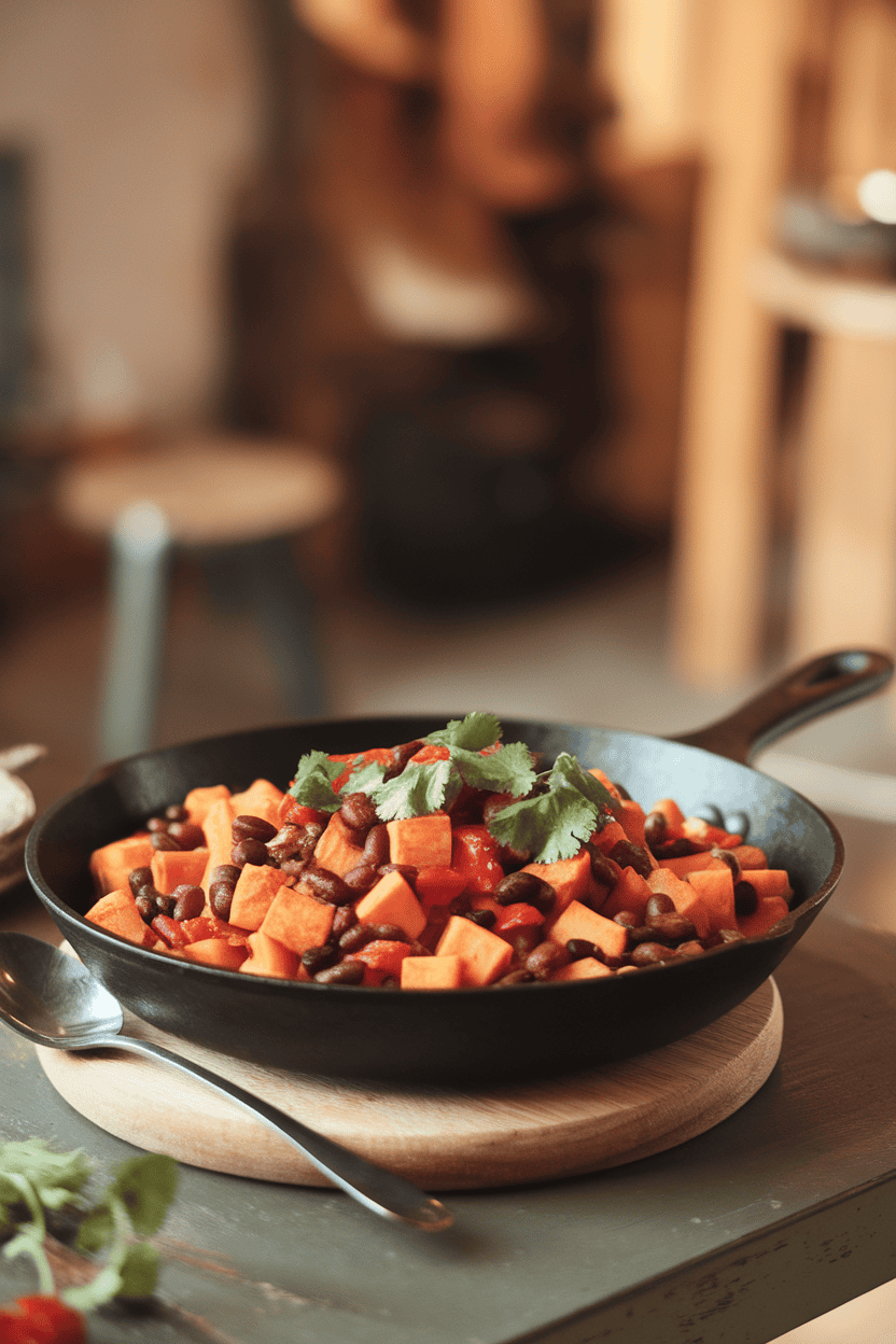 A skillet on an indoor table containing diced cooked sweet potatoes, black beans, and red peppers garnished with cilantro—photo, no text or logos.