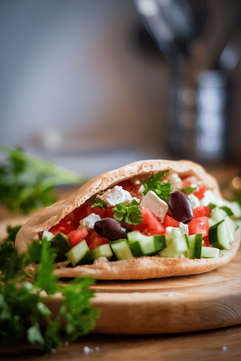 Indoor photo of a pita pocket overflowing with chopped cucumber, tomato, olives, and feta, no text or logos.