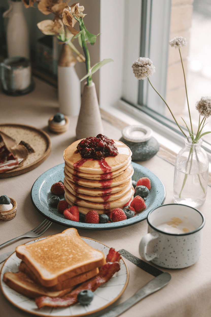 An indoor brunch table with a stack of fluffy pancakes layered like a cake, topped with berry compote, presented on a speckled blue enamel plate. Soft morning light, no logos or text; photograph.