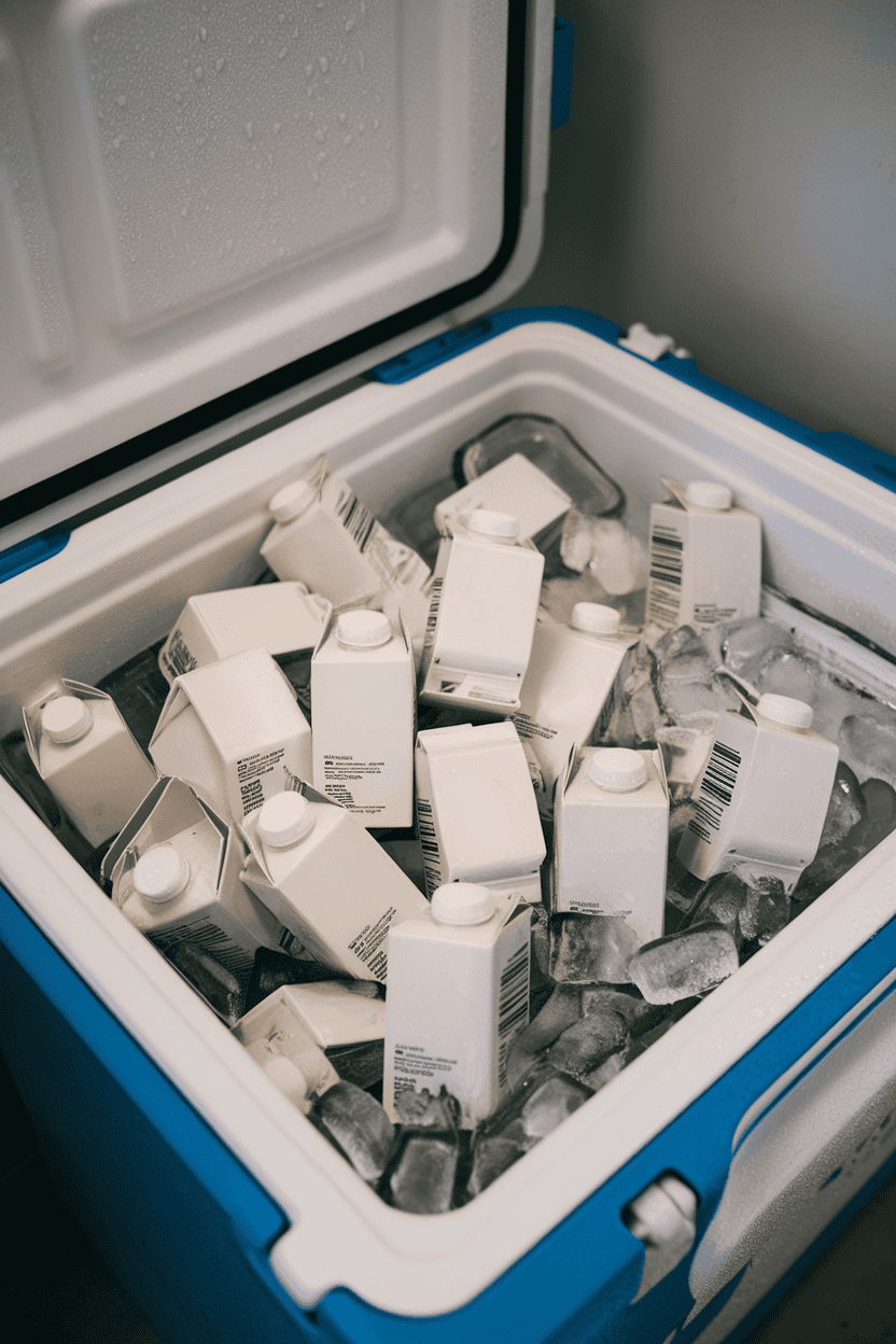 An indoor cooler packed with small, plain chocolate milk cartons nestled among ice packs, condensation visible. No text or logos on cartons. Photo, not illustration.