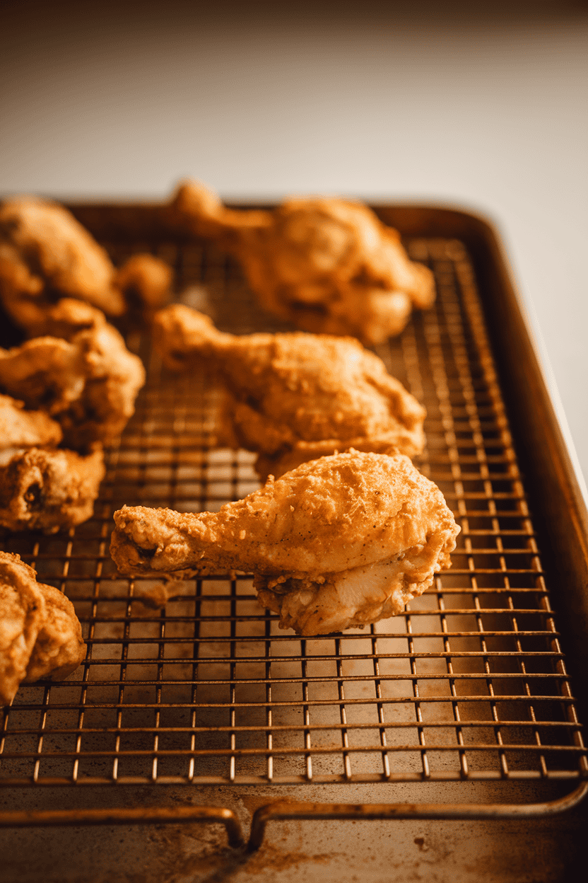 Photo of a wire rack on a baking sheet holding crispy oven-fried chicken pieces, golden and crunchy; indoor warm light; no logos or text.
