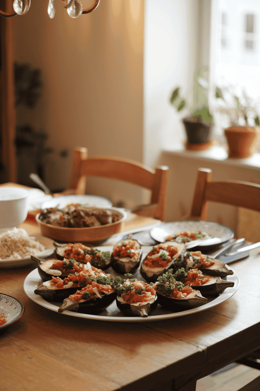 Cozy indoor dining scene showing halved roasted eggplants filled with tomato-onion mixture, garnished with parsley and served on a platter. No text or logos present.