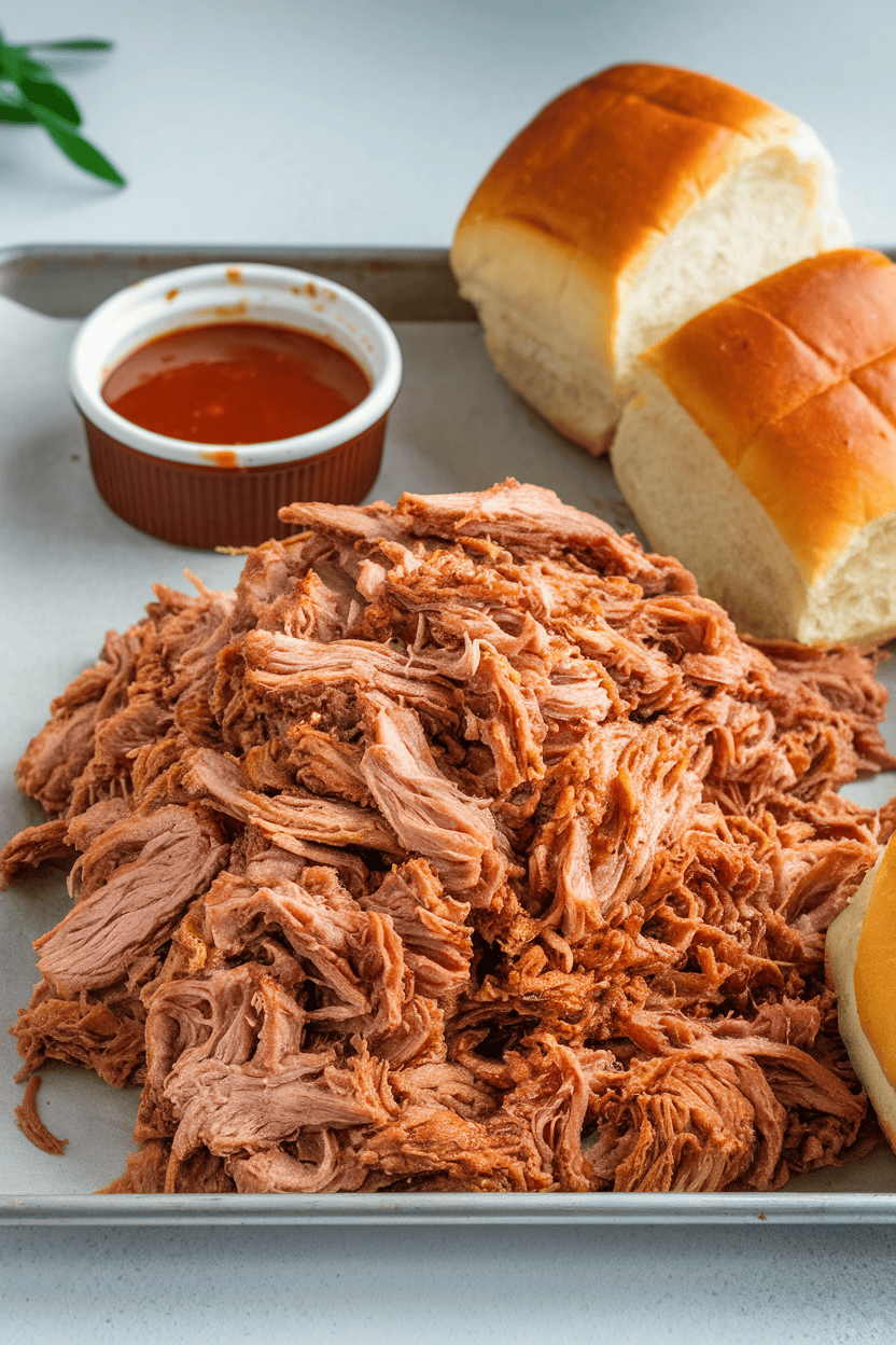 Indoor photo of tender pulled pork piled high on a tray with a few brioche buns to the side; ramekin of barbecue sauce visible; no text or logos.