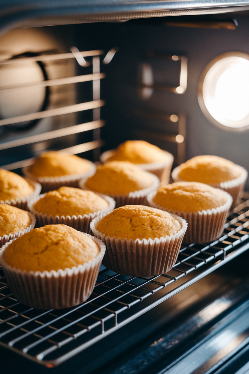 Warm indoor oven light illuminating a wire rack of golden cornbread muffins cooling in paper liners. No branding.