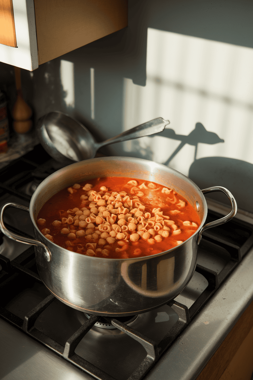 An indoor stovetop shot of a pot holding small pasta and chickpeas in a thick tomato broth, ladle resting nearby. No text or logos visible.