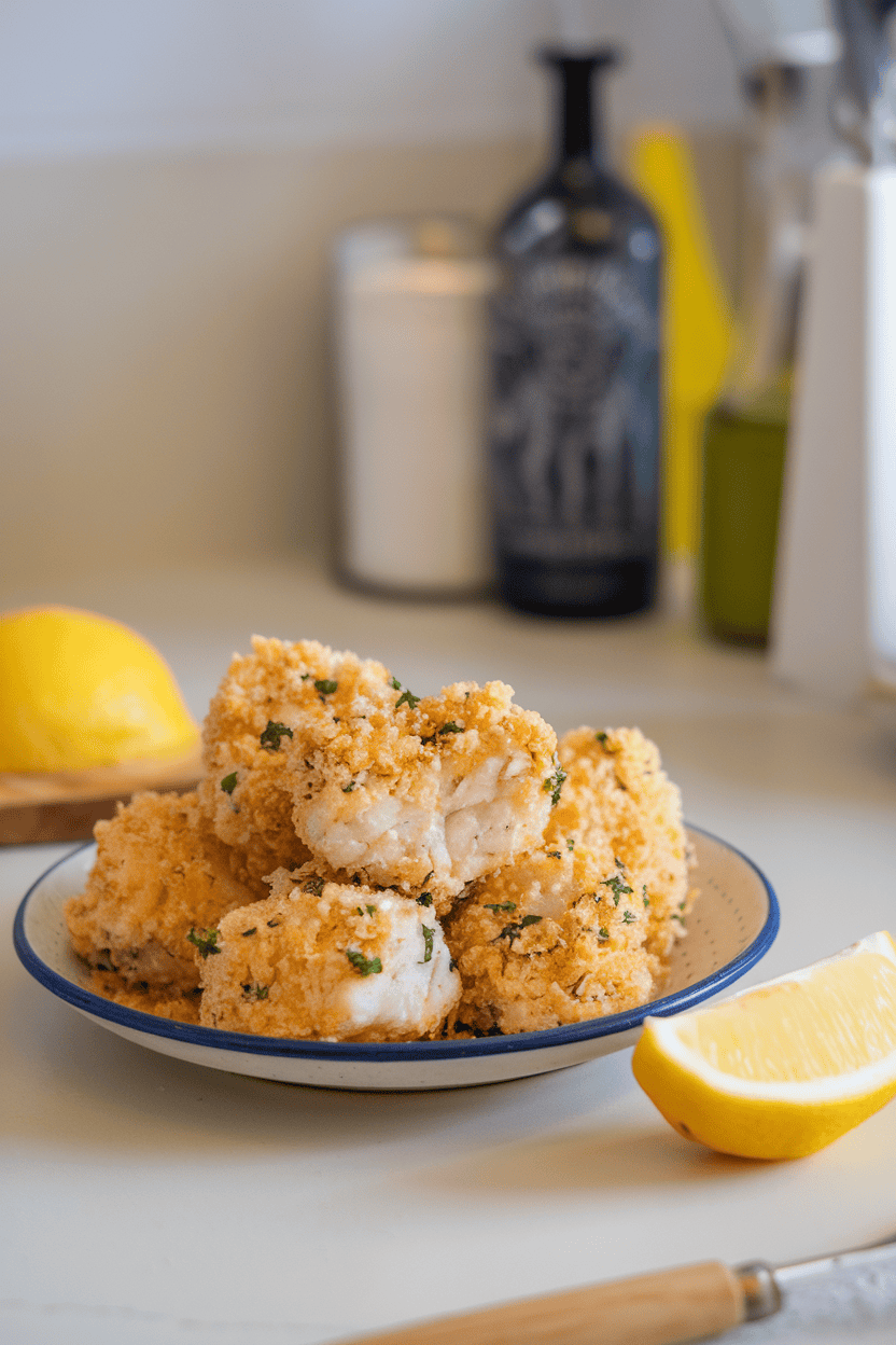 Indoor countertop scene with a small platter of cooked cod nuggets coated in golden Parmesan breadcrumbs, a lemon wedge nearby. Photo only, fish fully cooked, no text or logos.