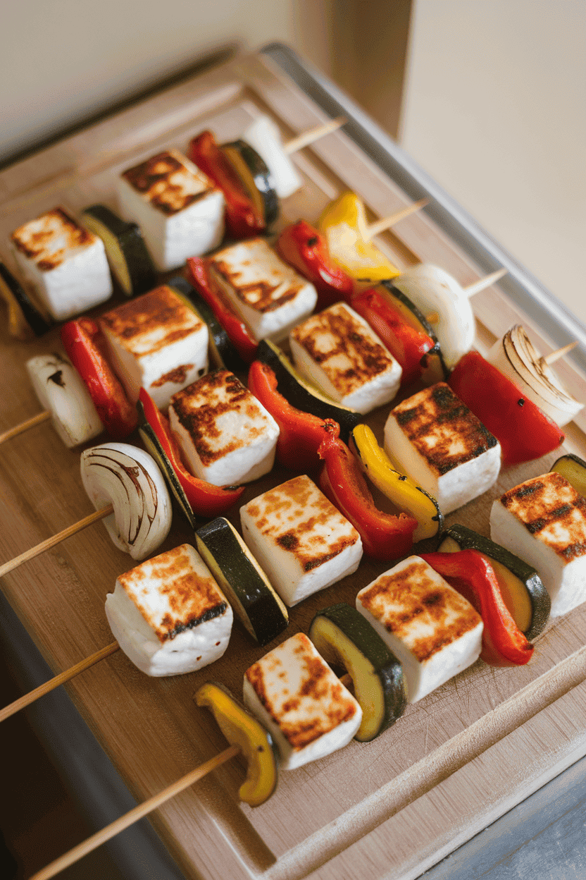 An indoor cutting board displaying skewers of cooked halloumi cubes, bell peppers, zucchini, and onions with light char marks—photo, no text or logos.