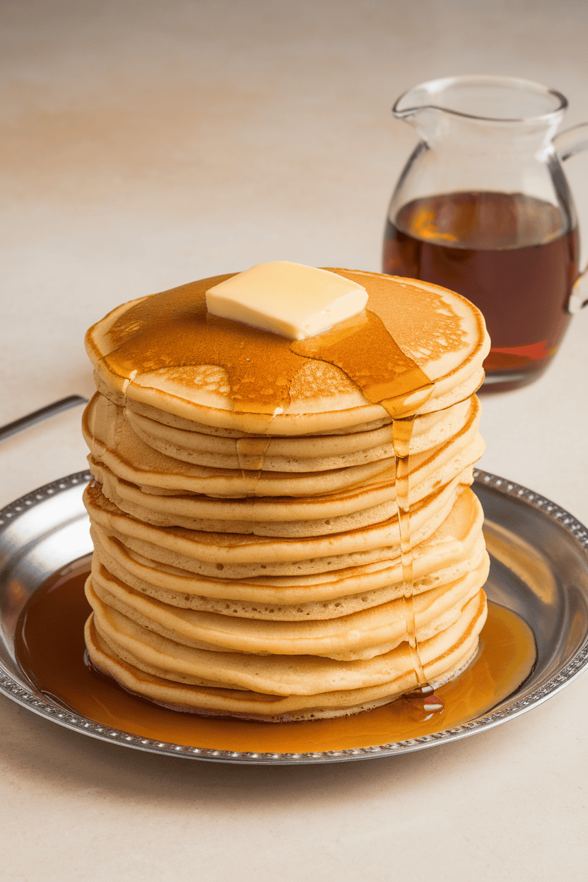 Indoor photo of a tall stack of golden pancakes on a platter, pat of butter melting, with a pitcher of maple syrup nearby; no text or logos.
