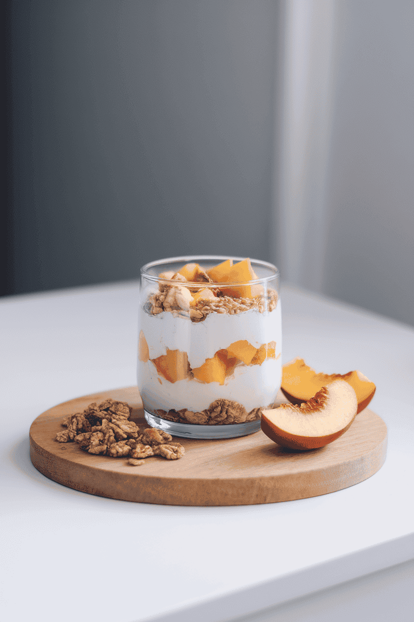 A simple indoor breakfast bar featuring clear glasses layered with creamy yogurt, granola clusters, and diced peaches; no branding, soft diffuse light. Photo, not illustration.