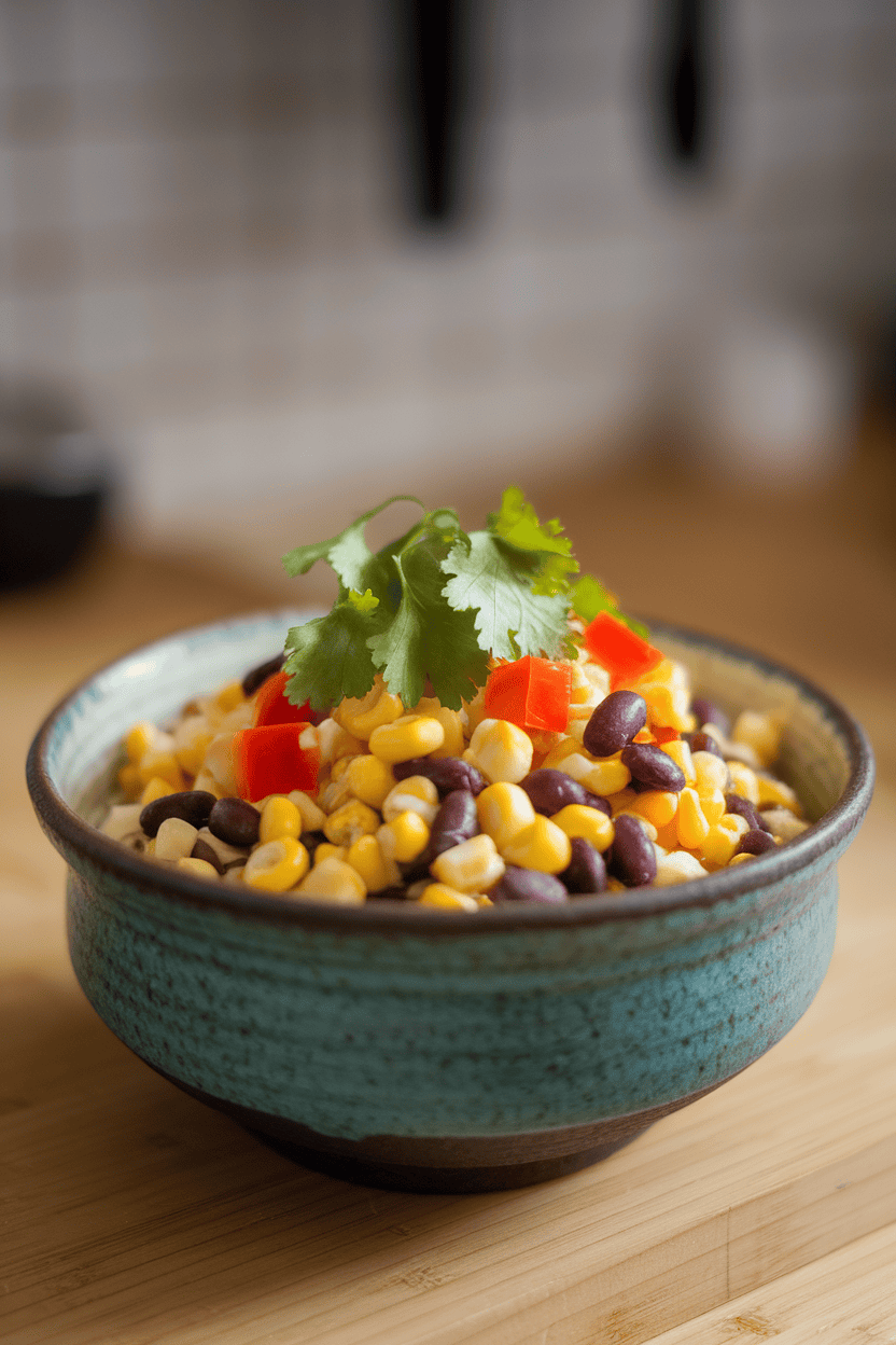 Photo prompt: Indoor ceramic bowl of salad featuring roasted corn kernels, black beans, diced red pepper, and cilantro; no logos, no text.