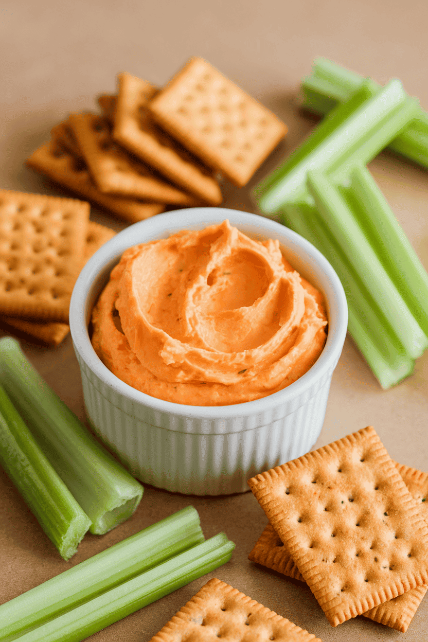 A small indoor ramekin filled with orange-tinted pimento cheese, surrounded by celery sticks and crackers; no text or logos. Photo, not illustration.