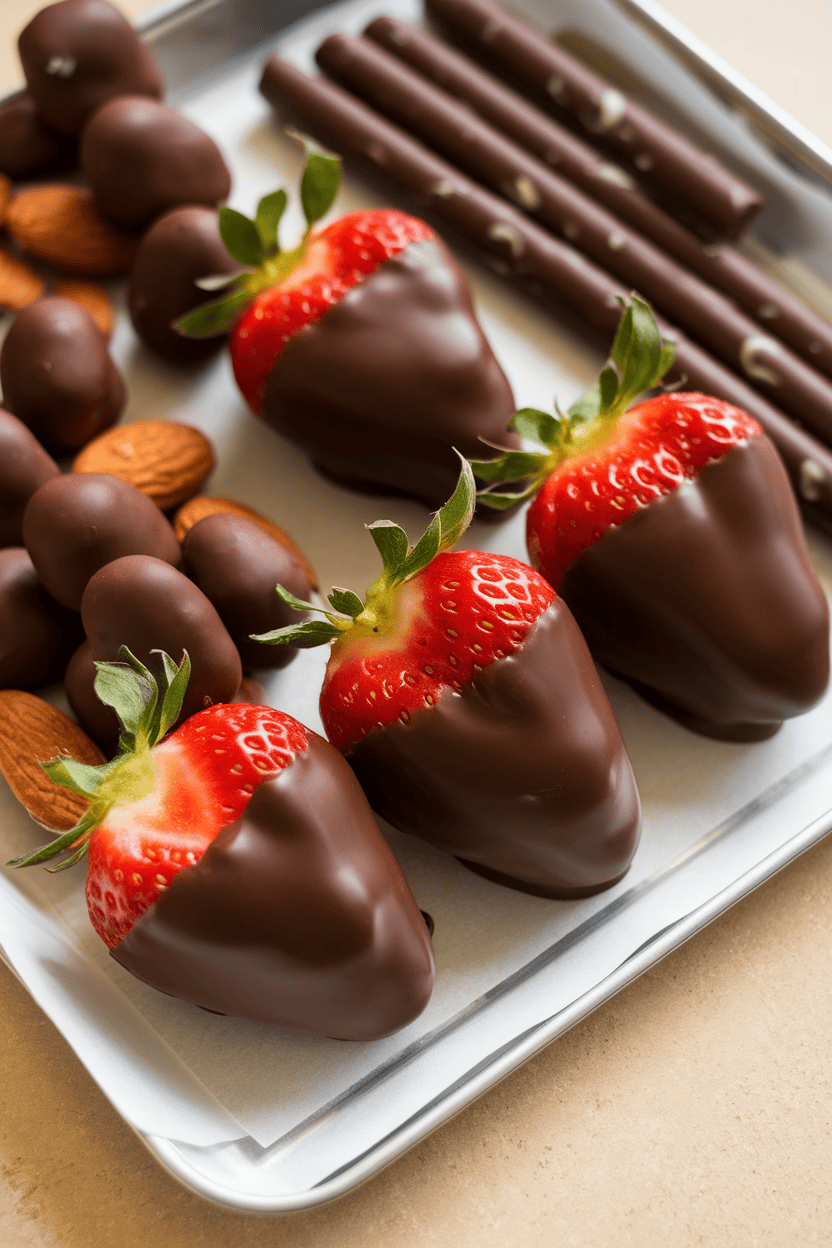 An indoor dessert tray with glossy strawberries half-dipped in dark chocolate, chocolate set and matte, no drips or logos visible. Photo only.