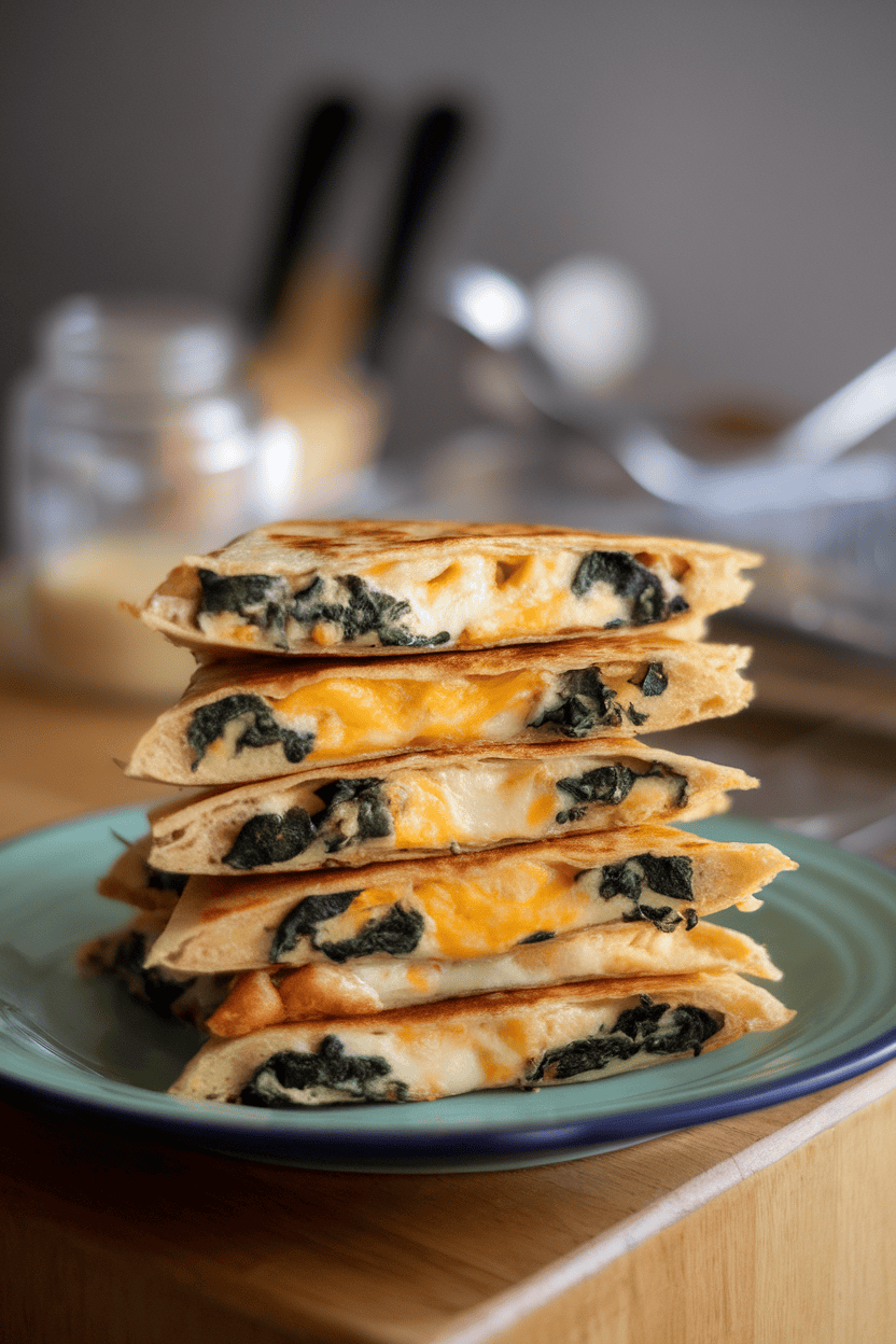 Indoor photo of a stack of sliced quesadilla wedges on a plate, melted cheese and spinach visible in each layer; no text or logos.