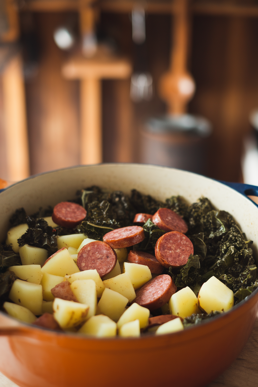 Indoor photo of diced potatoes, browned sausage coins, and wilted kale in a Dutch oven, edges crisped and golden. No visible text or logos.