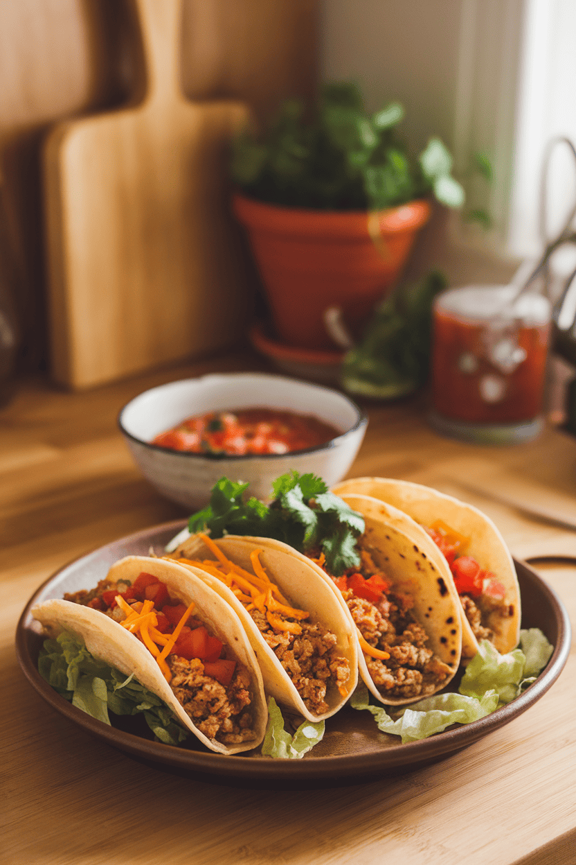 Warm kitchen counter with a platter of hard-shell tacos filled with seasoned ground turkey, shredded lettuce, diced tomatoes, and cheddar; indoor lighting, no logos or text, photo only.