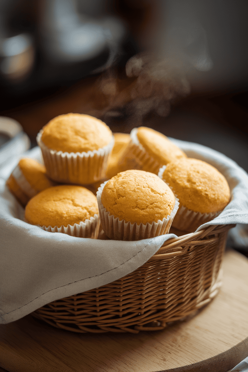An indoor basket lined with a cloth napkin holding several golden mini cornbread muffins, steam faintly visible. No text or logos, photo not illustration.