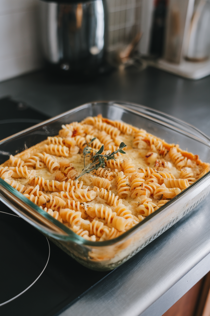 A square glass baking dish on an indoor counter showing sliced frittata studded with spiral pasta, no text or logos.