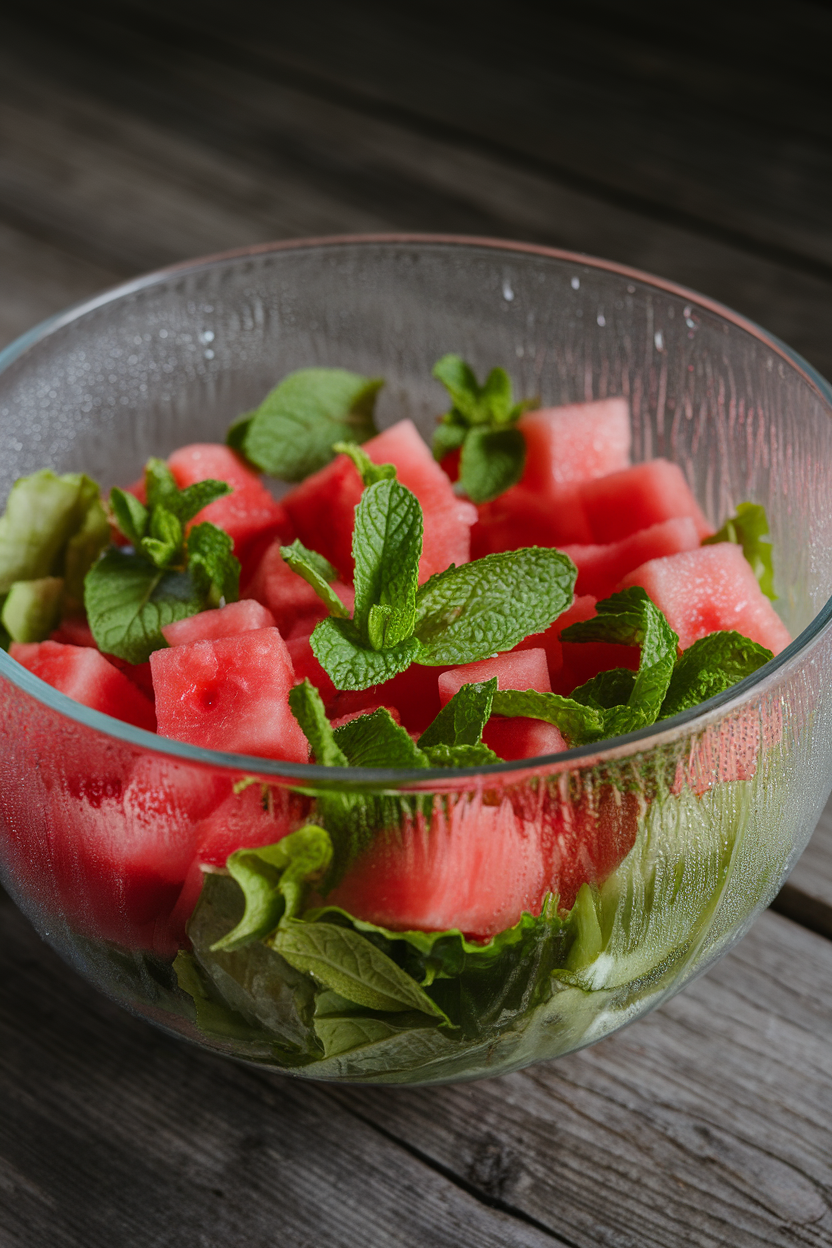 Indoor salad bowl brimming with bright watermelon cubes sprinkled with fresh mint leaves, condensation on glass. No text or logos.