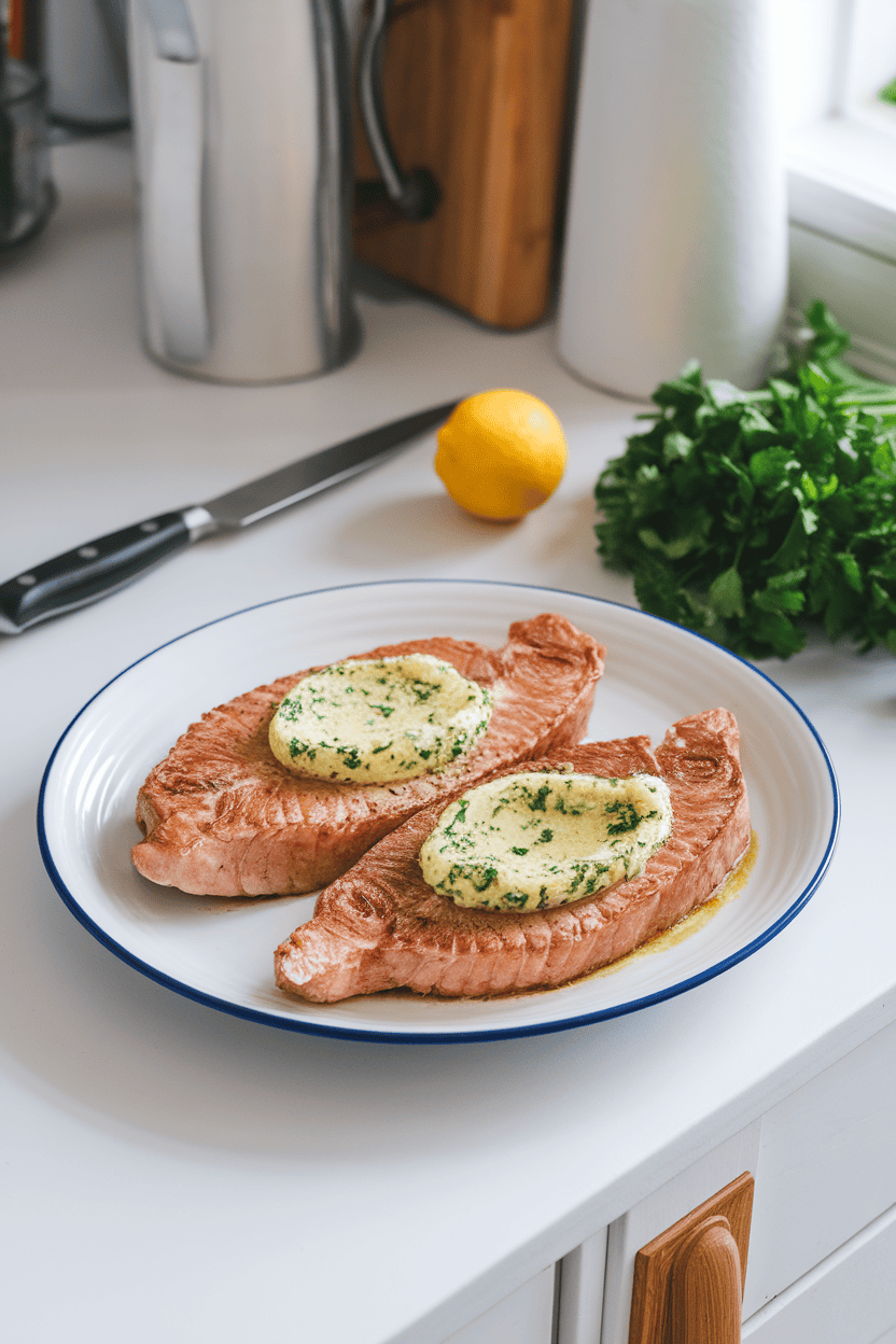 An indoor kitchen counter showing a platter with two cooked swordfish steaks topped with melting parsley-lemon butter. No logos or text.
