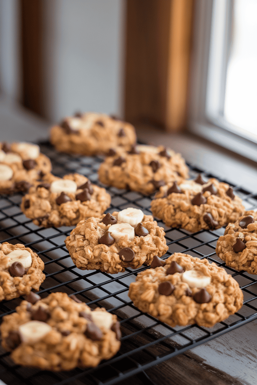 Indoor photo of hearty oatmeal cookies studded with banana chips and mini chocolate chips on a cooling rack, natural kitchen window light, no text or logos